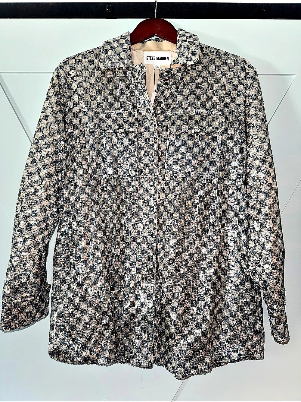 Steve Madden Andee Shacket Sequin Checkered Jacket in Green & Silver Size Large